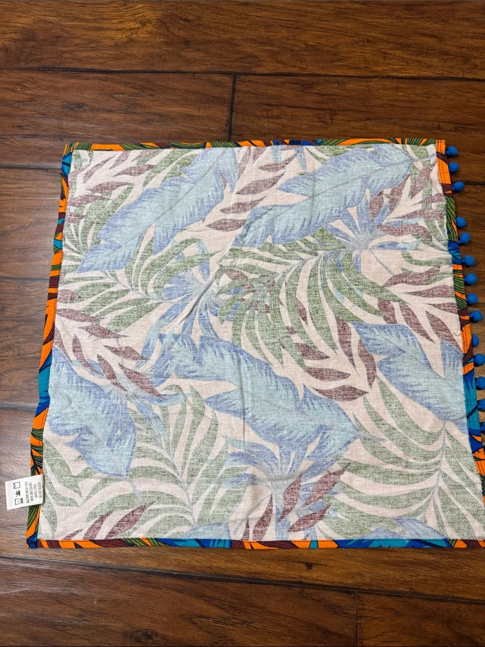 TMD Set of 4 Tropical Cloth Napkins Blue Orange Pom Pom Trim 19x19 NWOT